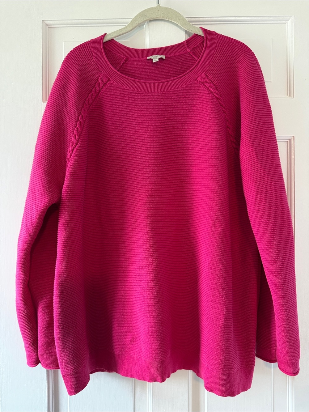 Talbots Hot Pink Crewneck 100% Cotton Sweater Size 3X Plus Cable Textured Raglan